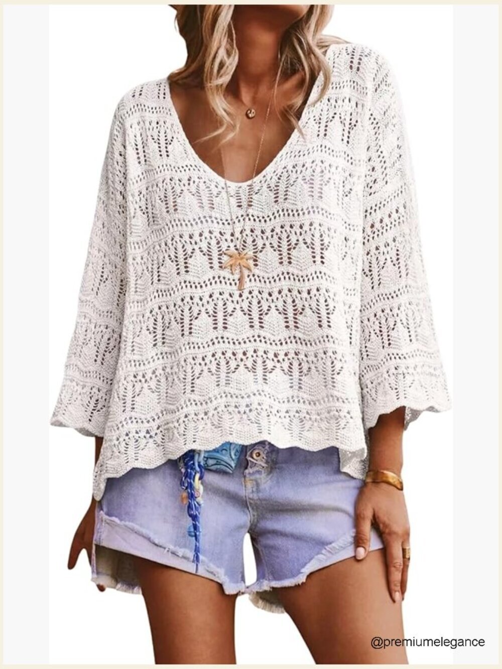 Crochet 3/4 Sleeve Oversized Pullover Sweater for Beach Resort Wear